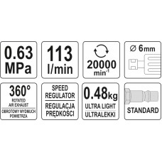 YATO Polizor unghiular pneumatic 0.63MPa, 113l/min..